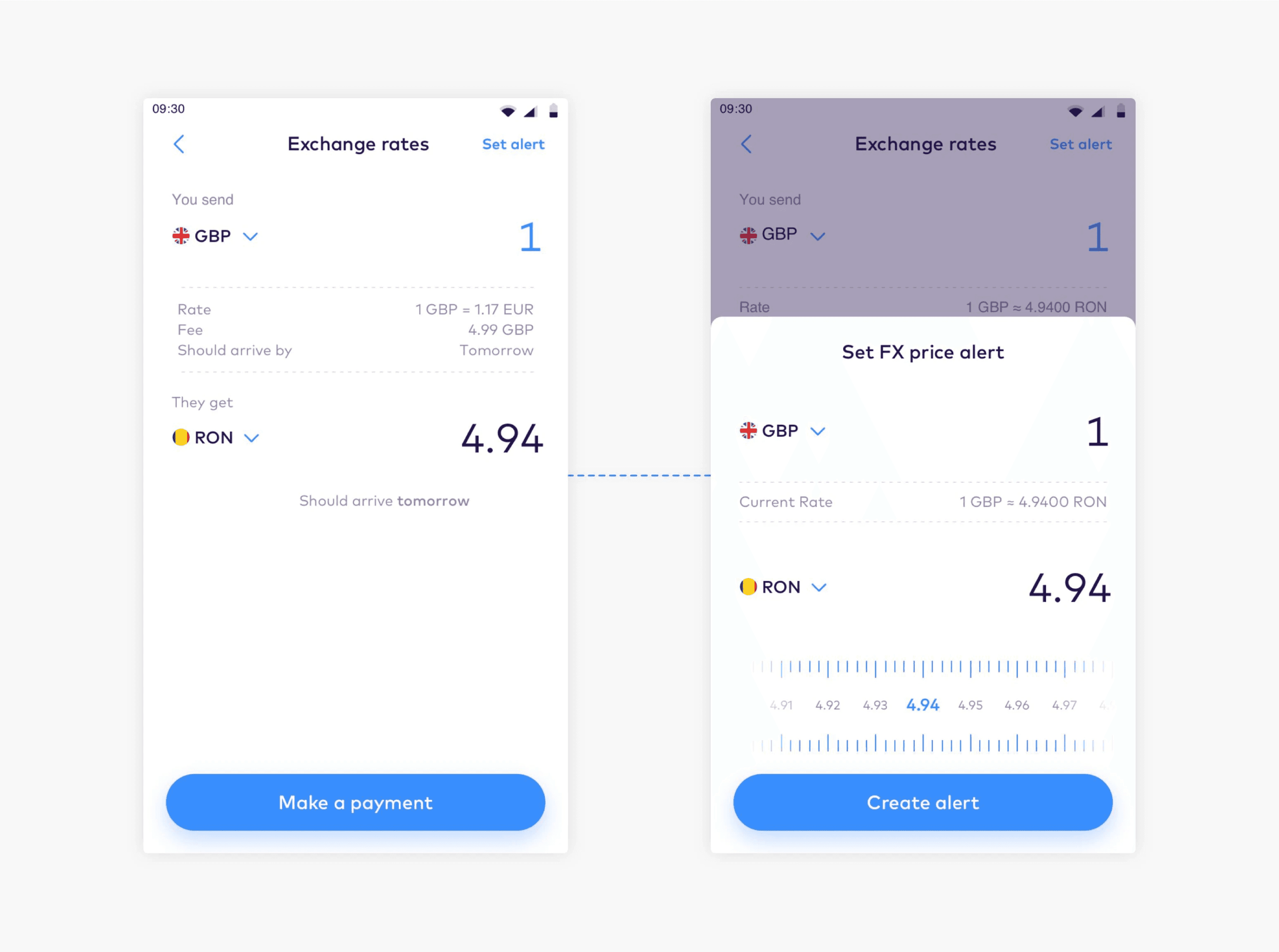 The exchange rates screen alongside the set FX price alert sheet, showing the current rate above a dial for choosing the target rate