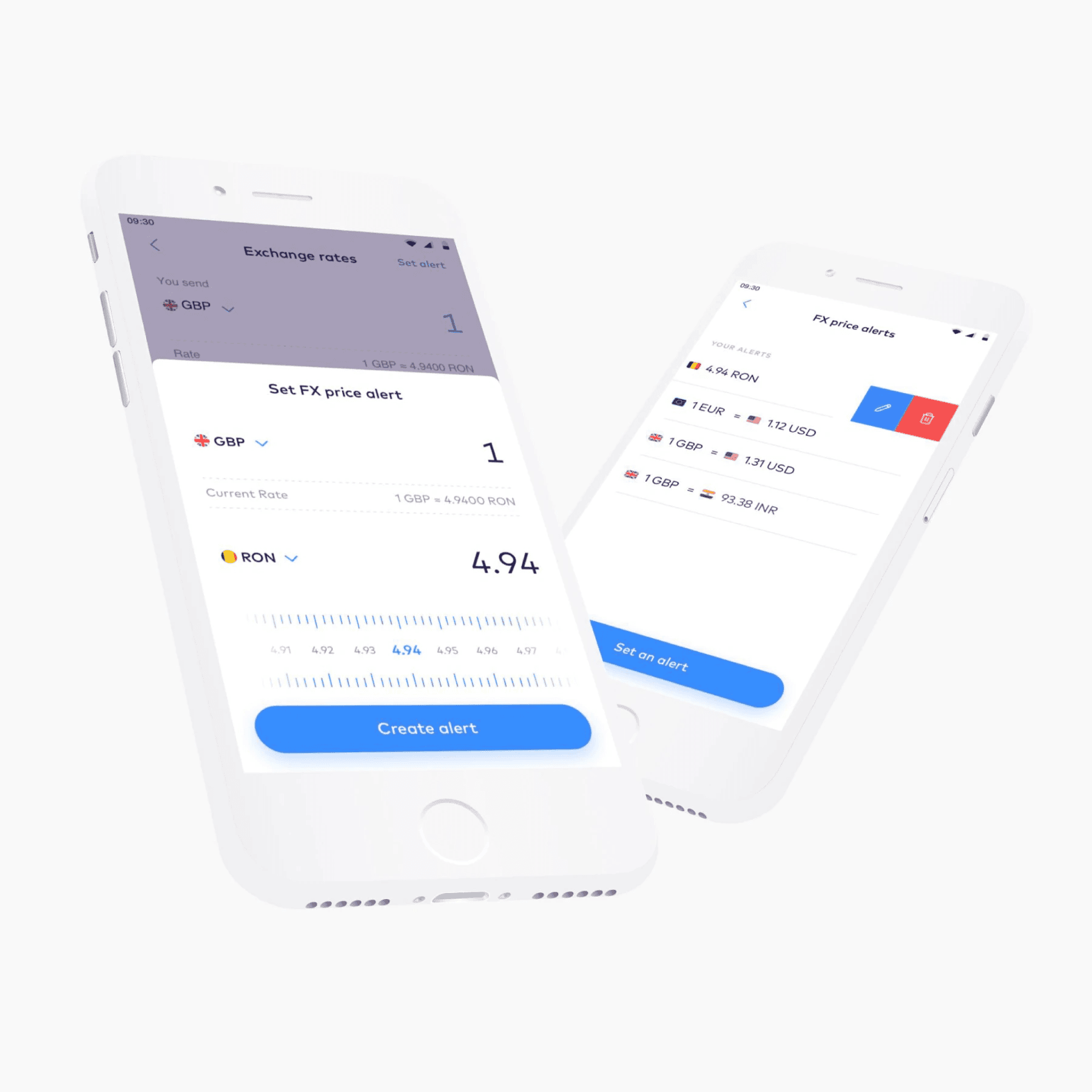 Two phones, one showing the set FX price alert sheet and one showing the FX price alerts list with four alerts and a swipe revealing edit and delete actions