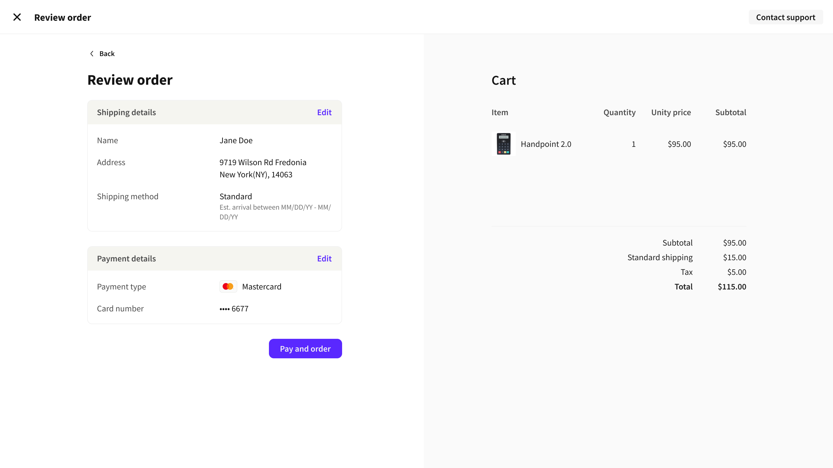 The review order step, confirming shipping and payment details against the cart before paying