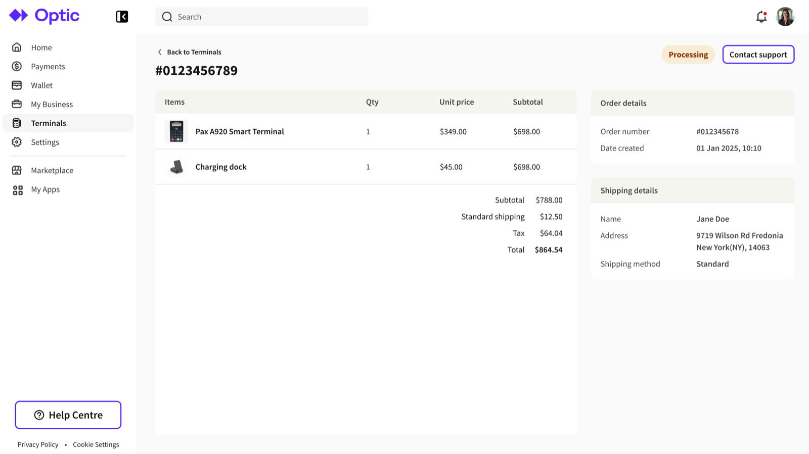 Order detail showing the processing state