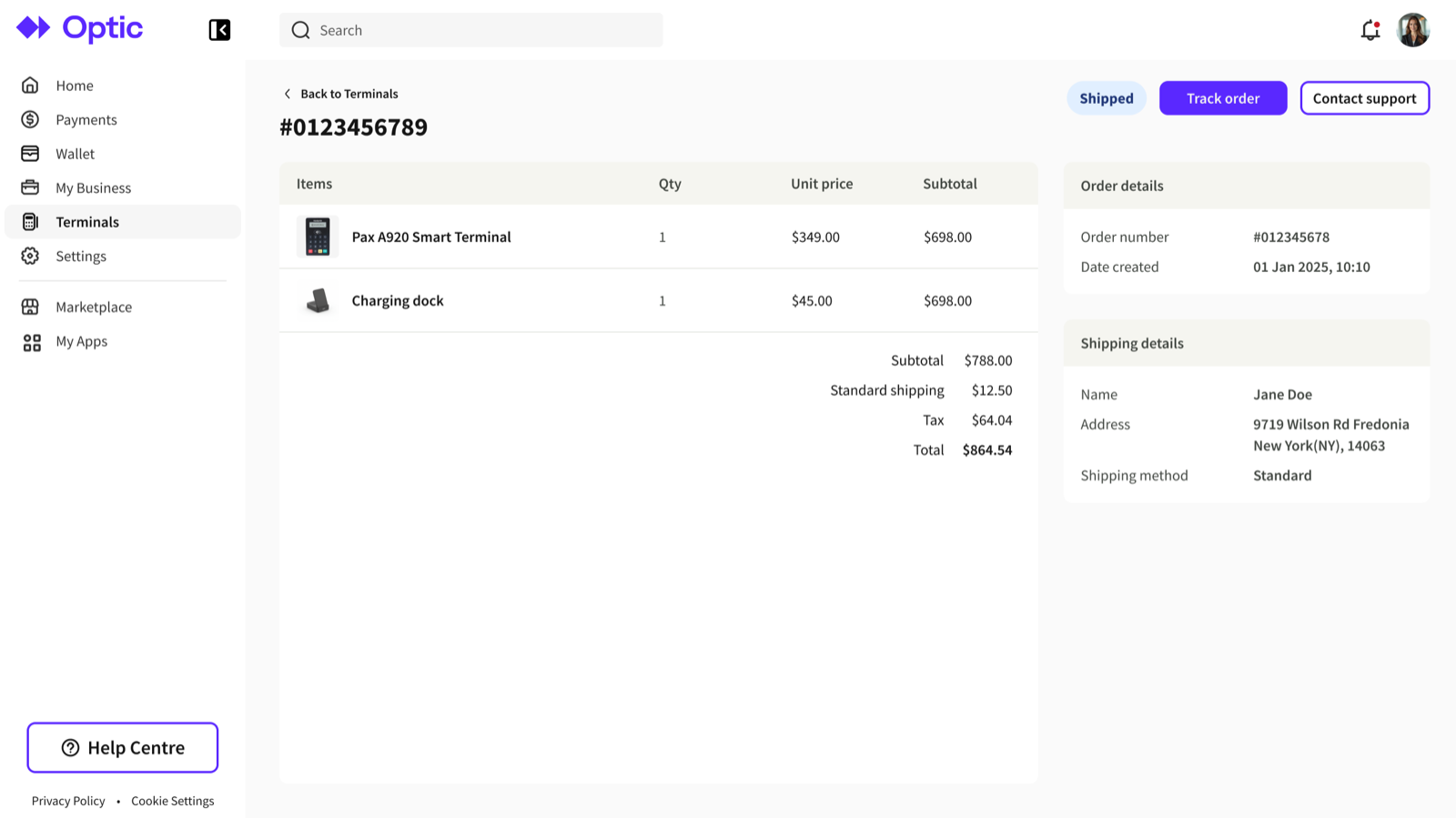 Order detail showing the shipped state