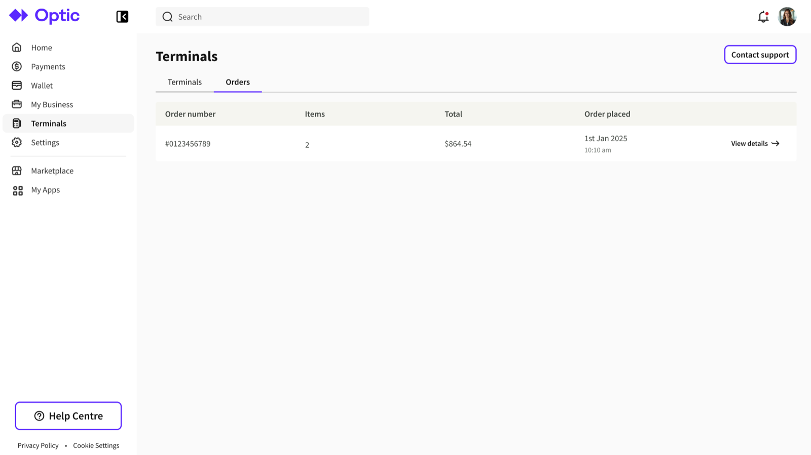 The Orders tab listing order number, items, total and the date the order was placed