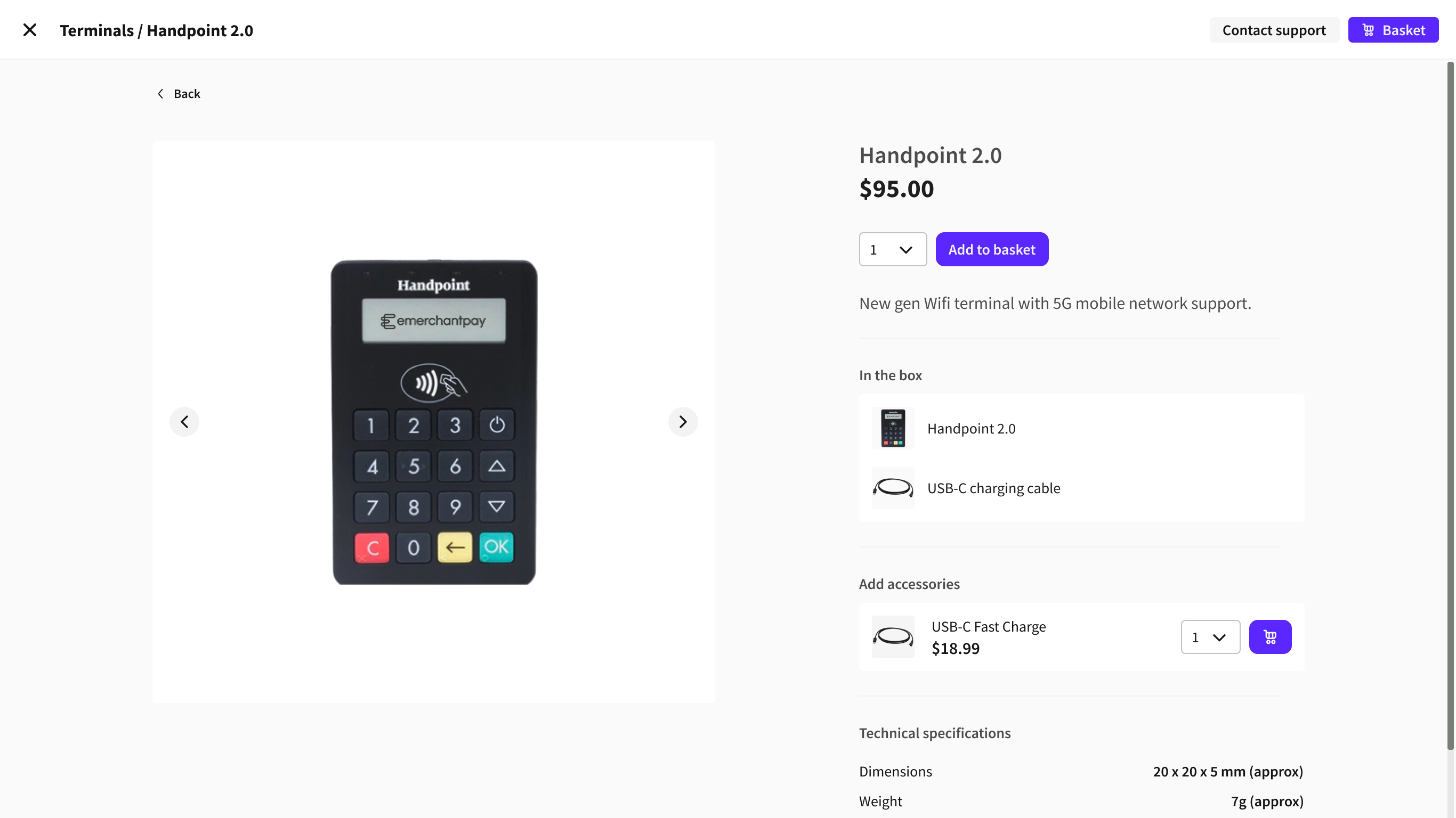 A terminal product page showing what is in the box, add-on accessories and technical specifications
