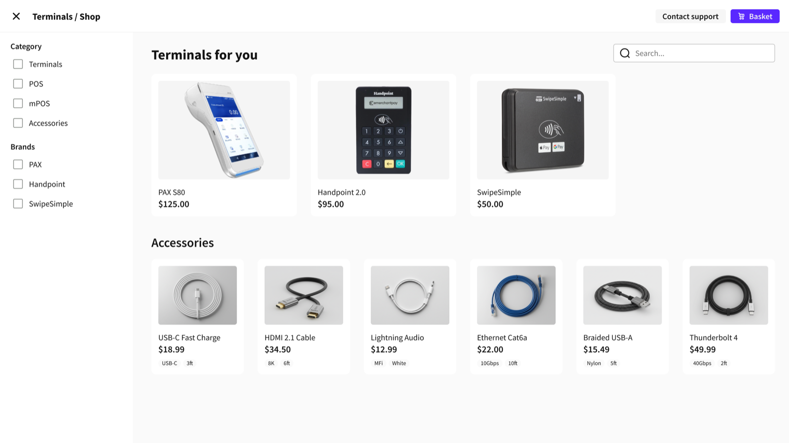 The shop listing, with terminals and accessories filterable by category and brand