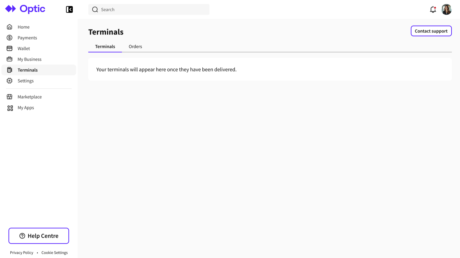 The empty Terminals tab, explaining that terminals appear once they have been delivered