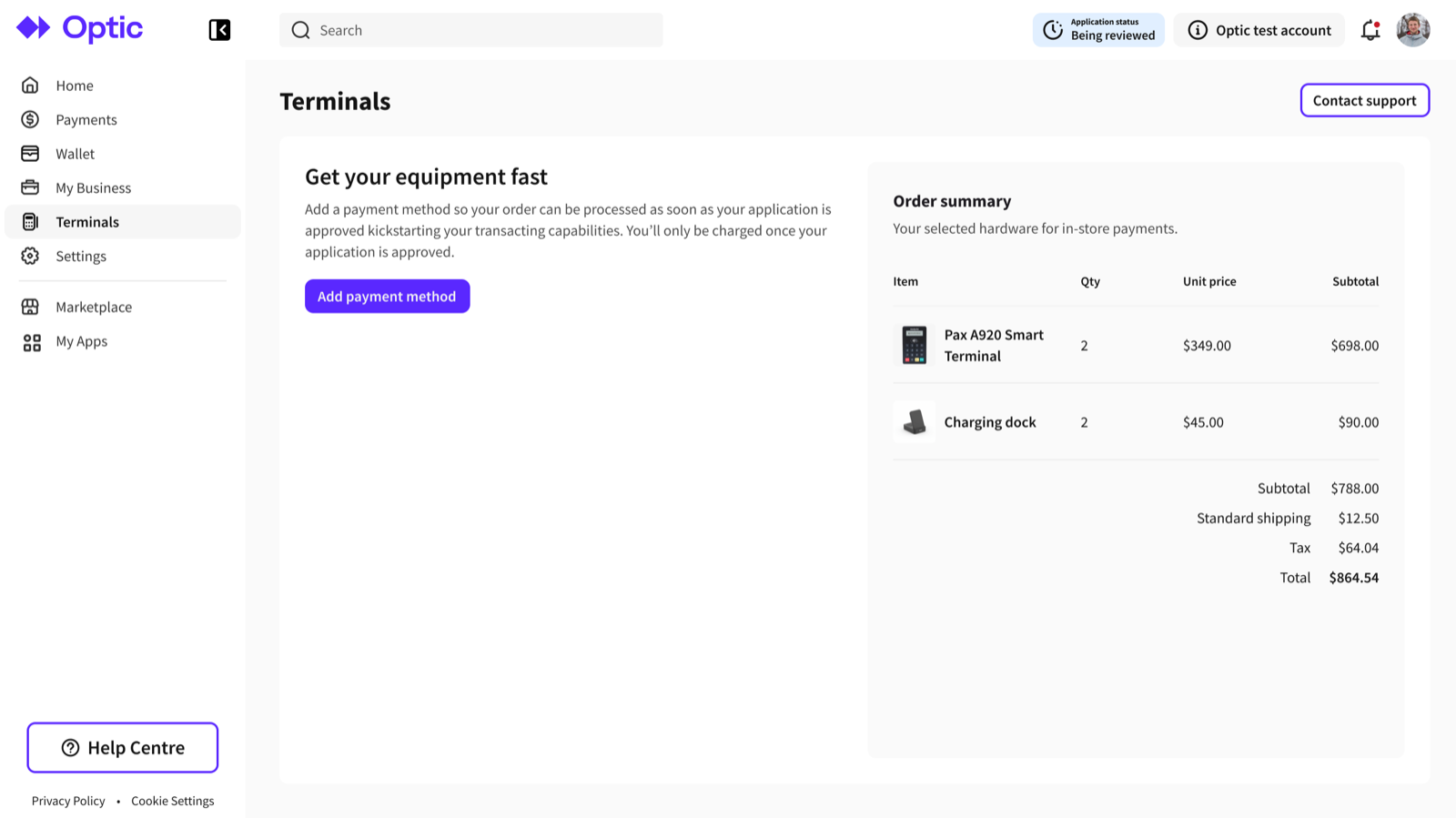The Terminals page before approval, prompting the merchant to add a payment method alongside their agreed order summary