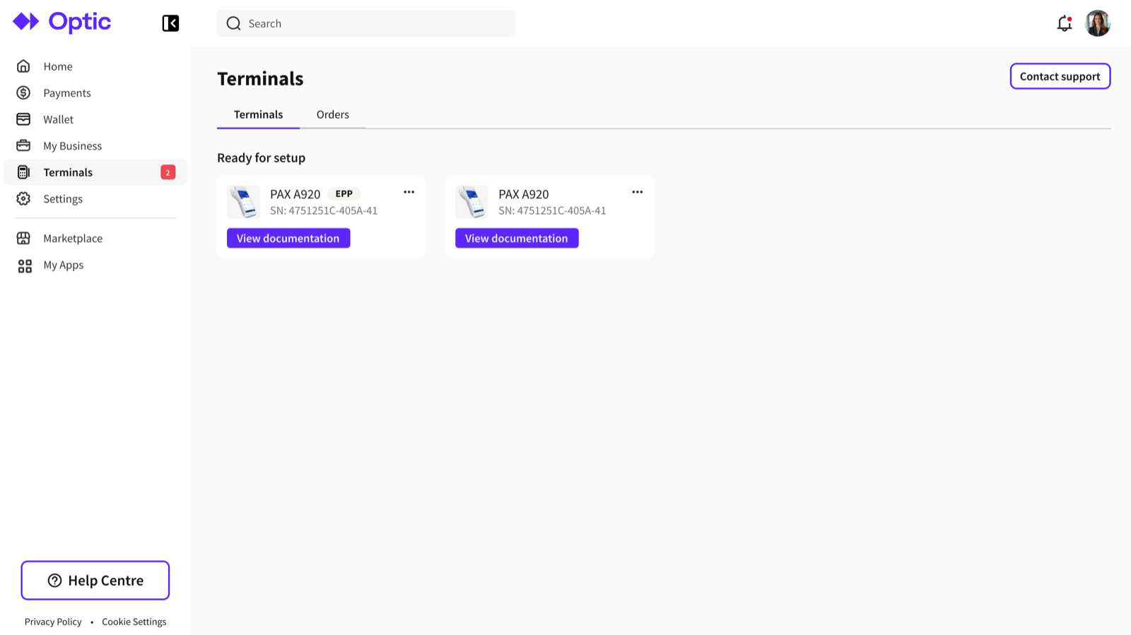 Delivered terminals listed as ready for setup, each with a link to its documentation