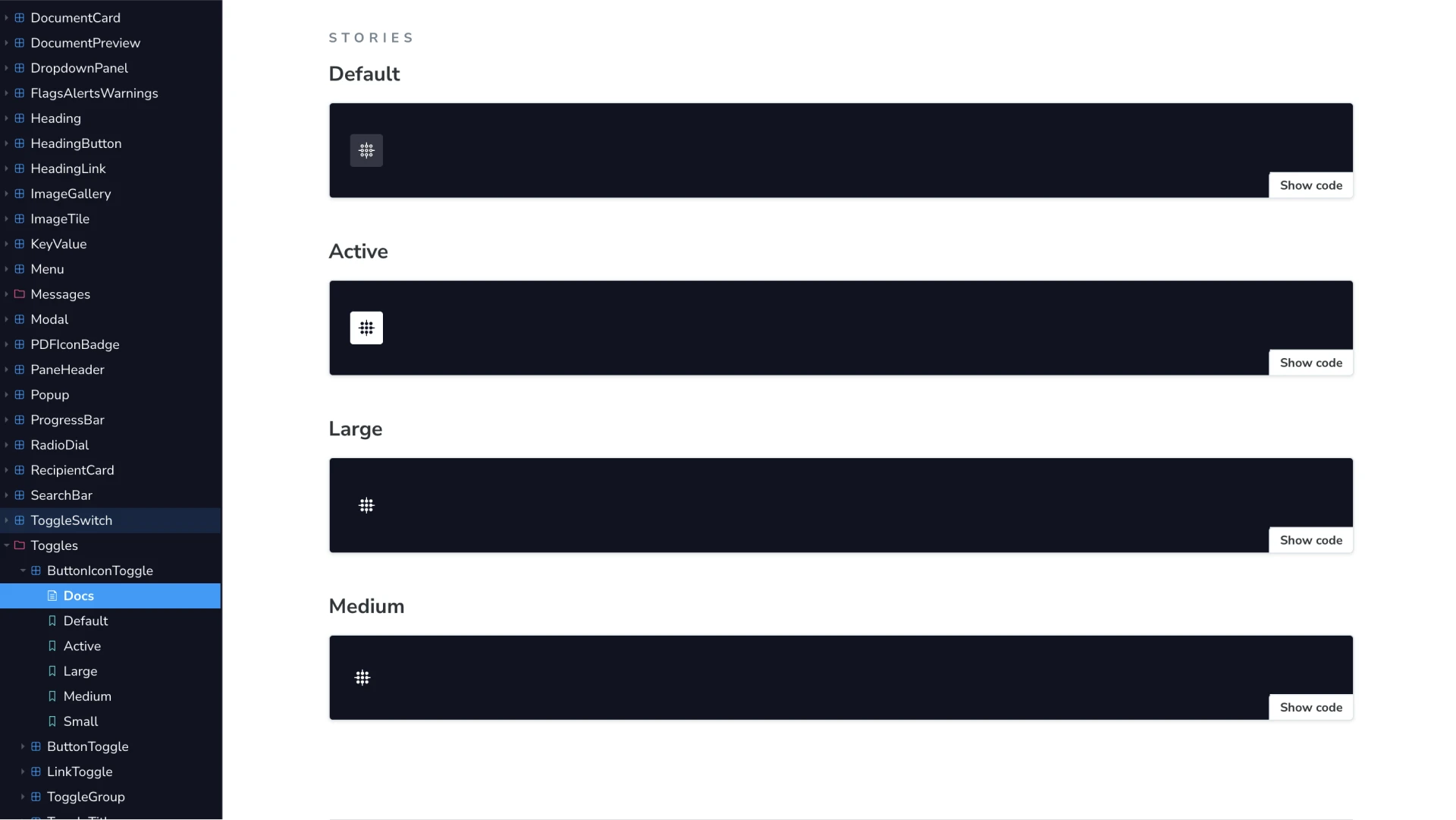 The button icon toggle component in Storybook, with default, active and three size stories