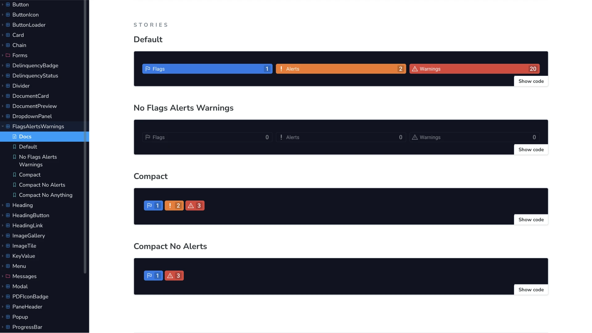 The flags, alerts and warnings component in Storybook, with default, empty and compact stories