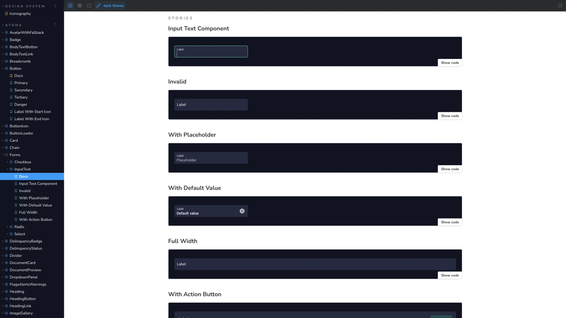 The input text component in Storybook, with stories for invalid, placeholder, default value, full width and action button states