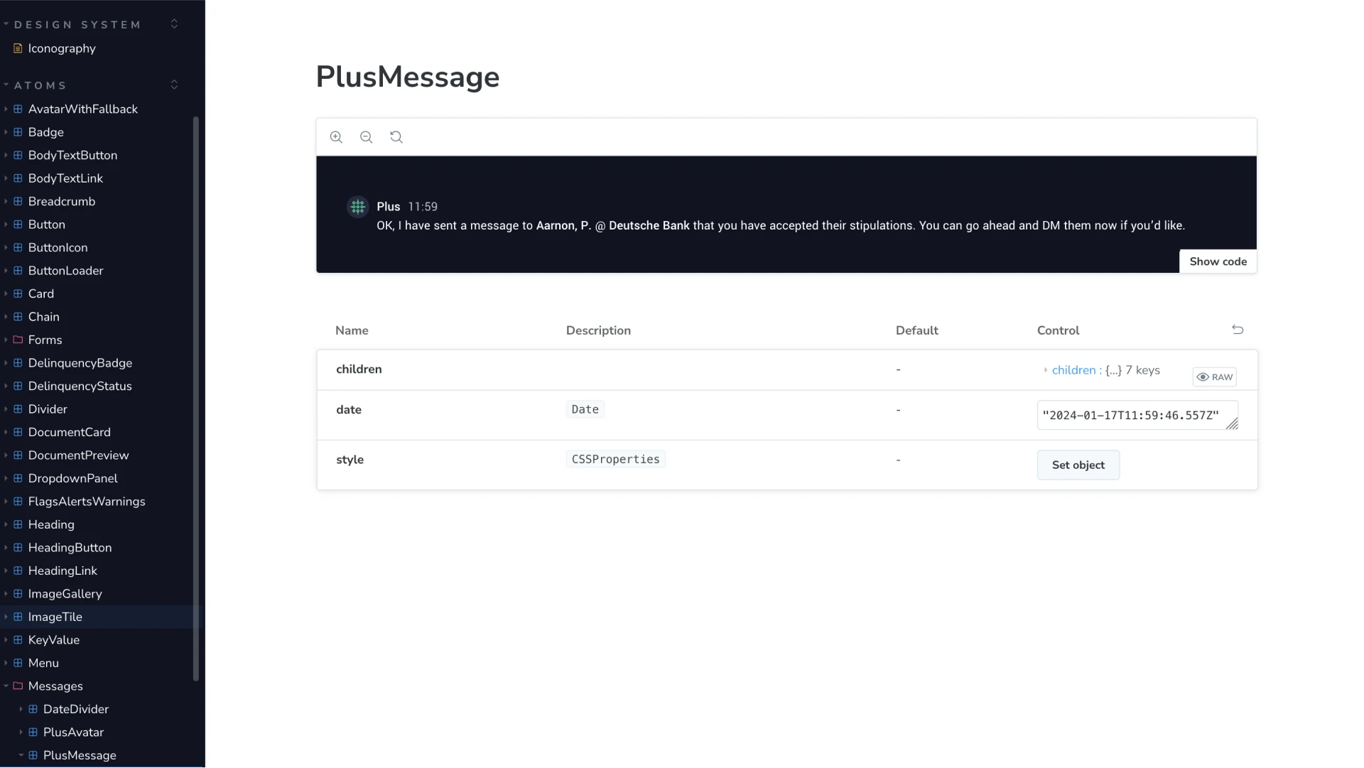 The plus message component in Storybook, showing its props table with names, types, defaults and live controls