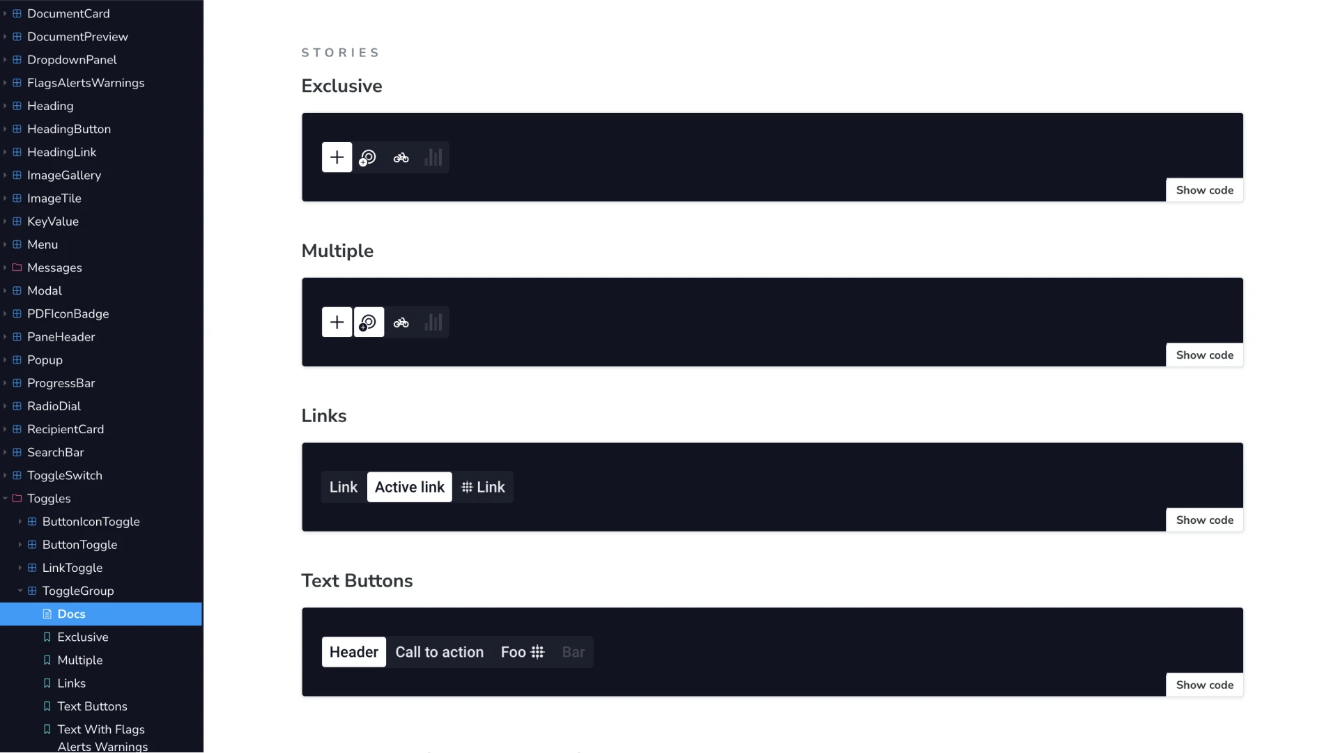 The toggle group component in Storybook, with exclusive, multiple, link and text button stories