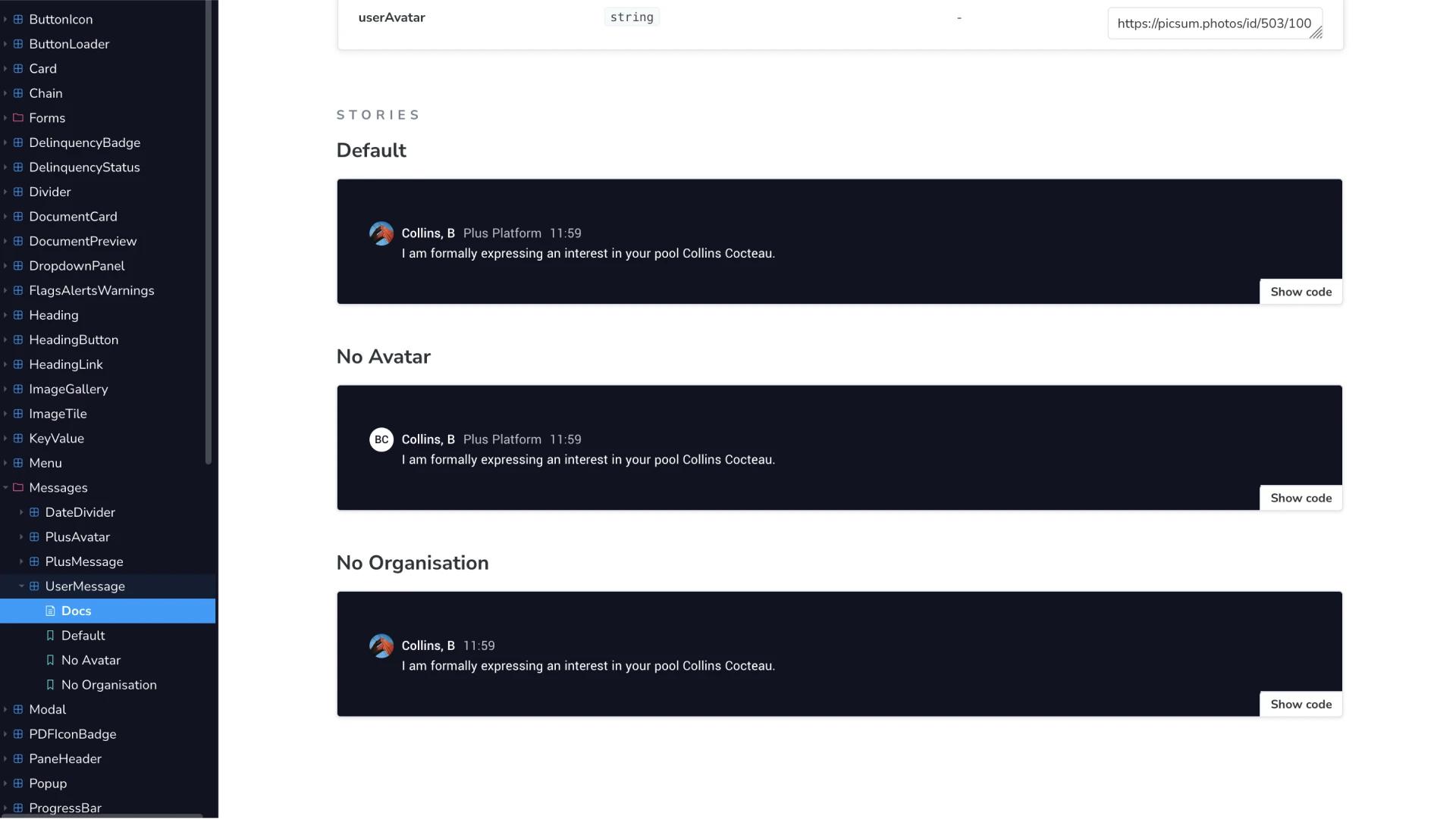 The user message component in Storybook, with default, no avatar and no organisation stories