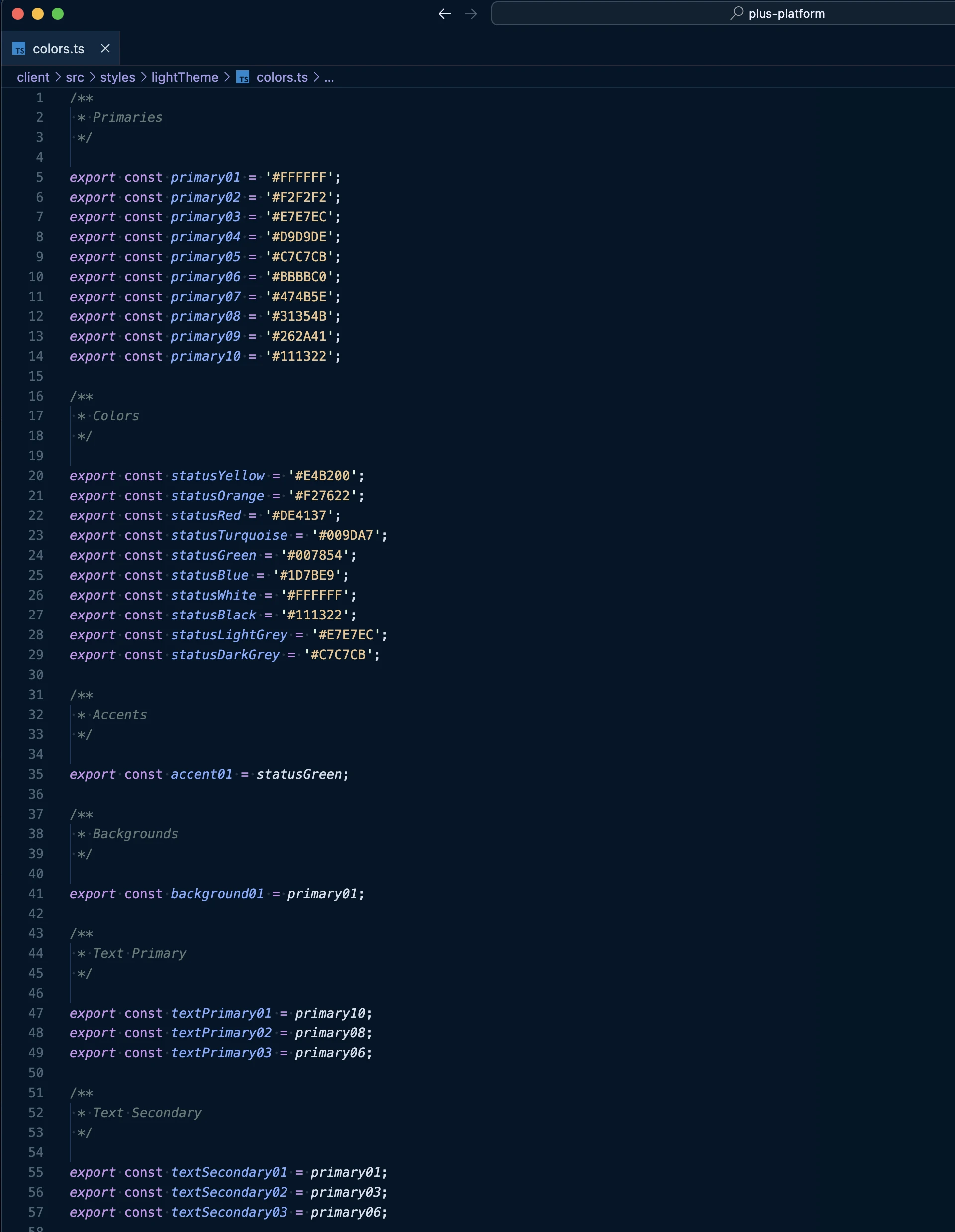 The light theme colour tokens in code, mapping primaries, status colours, accents and text roles