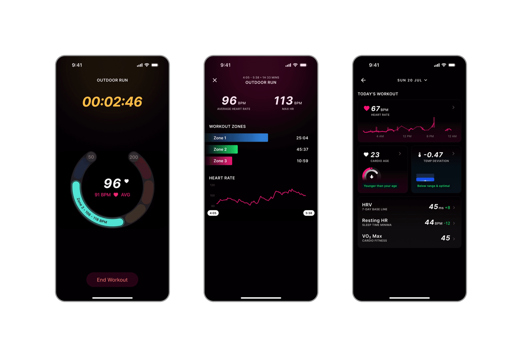 Three dark mobile screens showing a session timer, a performance chart and a metrics readout