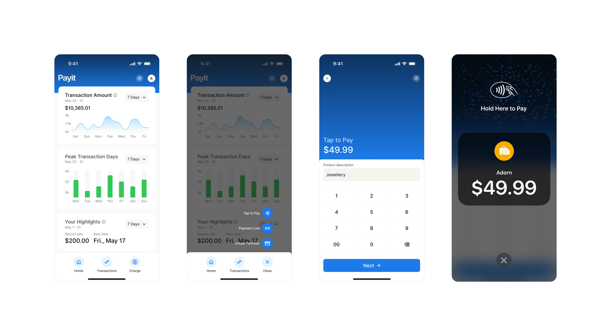 Four mobile screens covering an account overview, spending charts and a payment confirmation