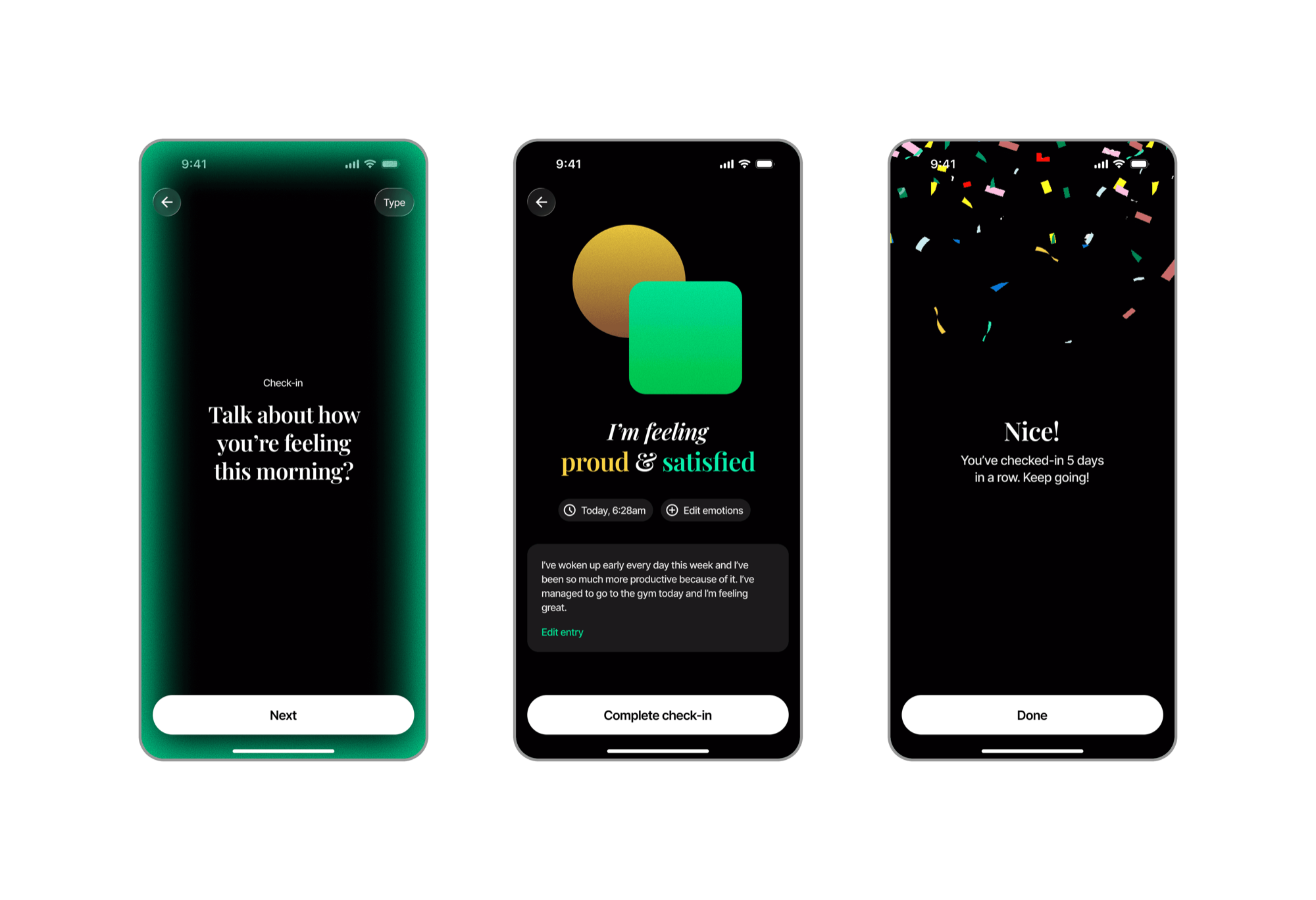 Three dark mobile onboarding screens introducing a voice feature