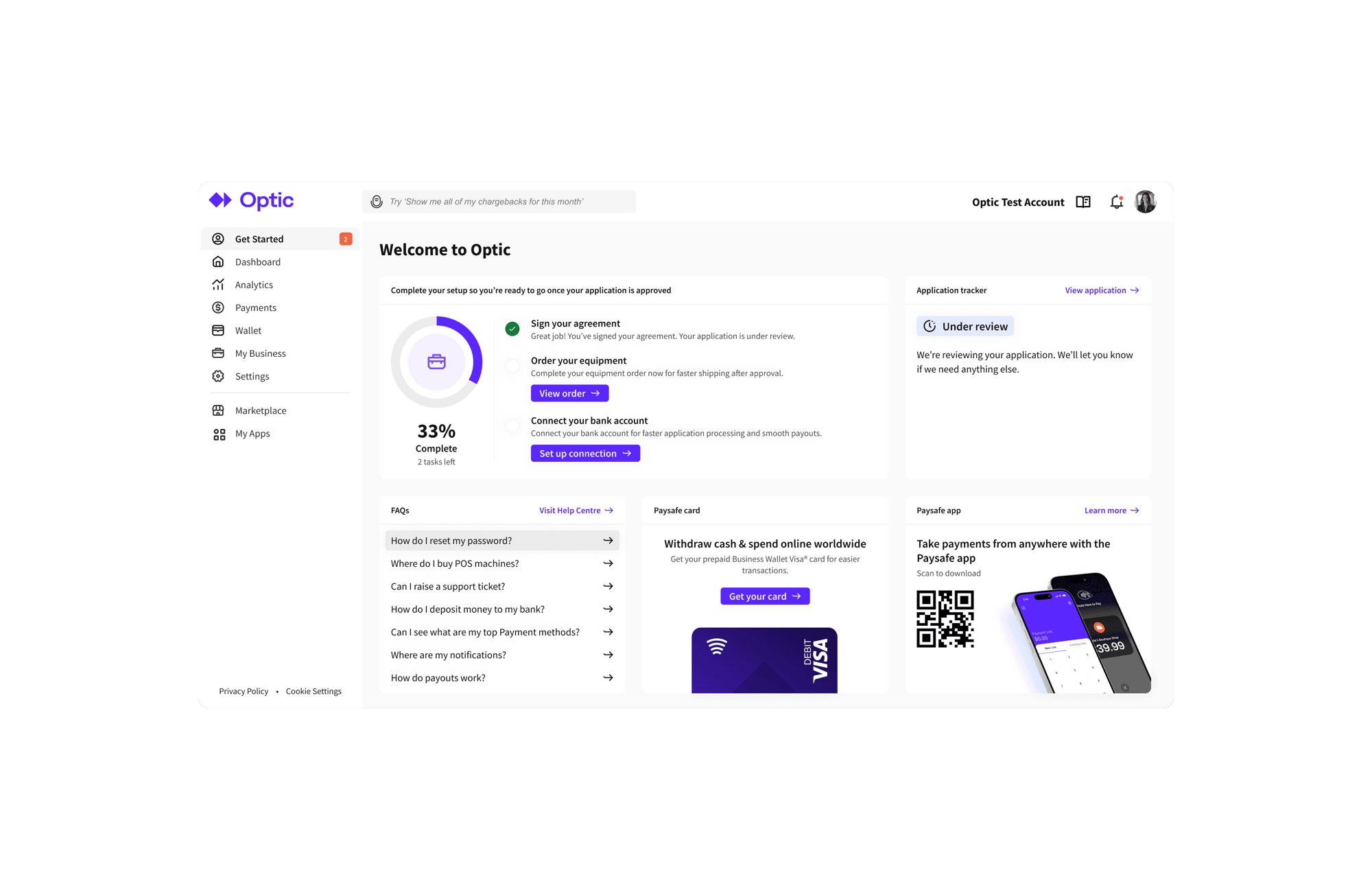 A web application with a left navigation rail, summary cards and a card management panel