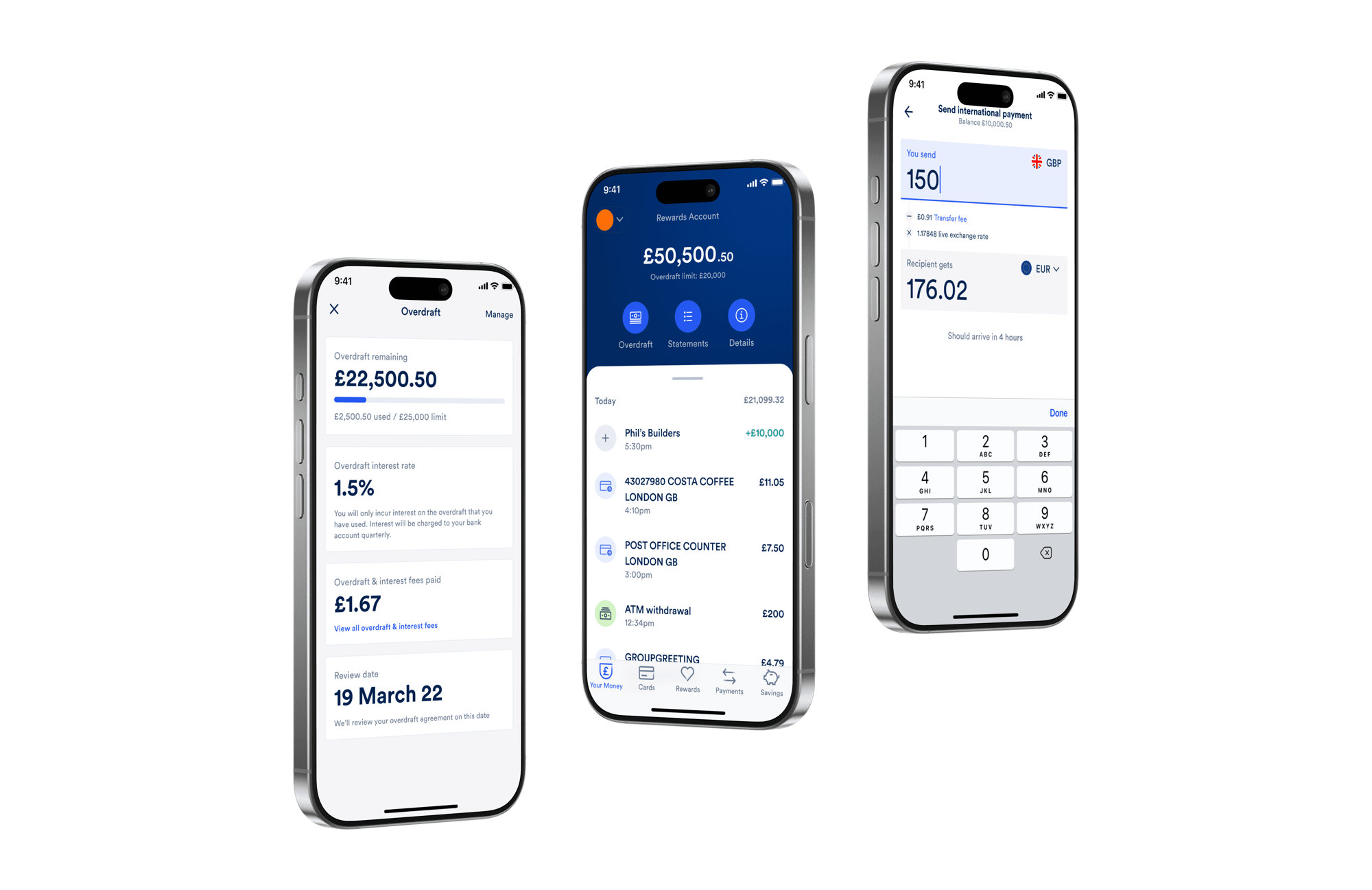 Three phone screens from a blue banking app, covering balances, actions and a detail view