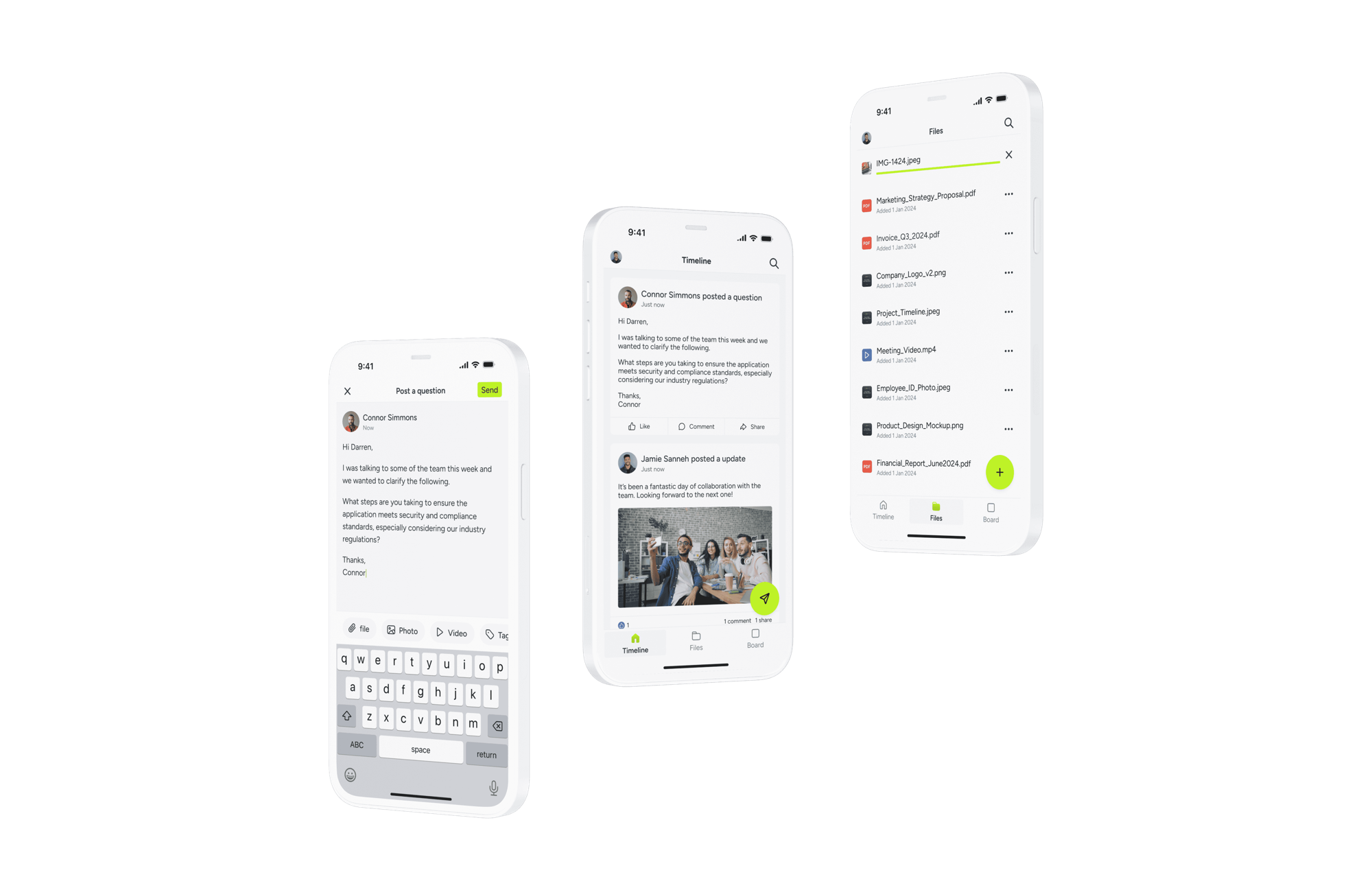 Three phone screens from a social feed, with posts, media and messaging
