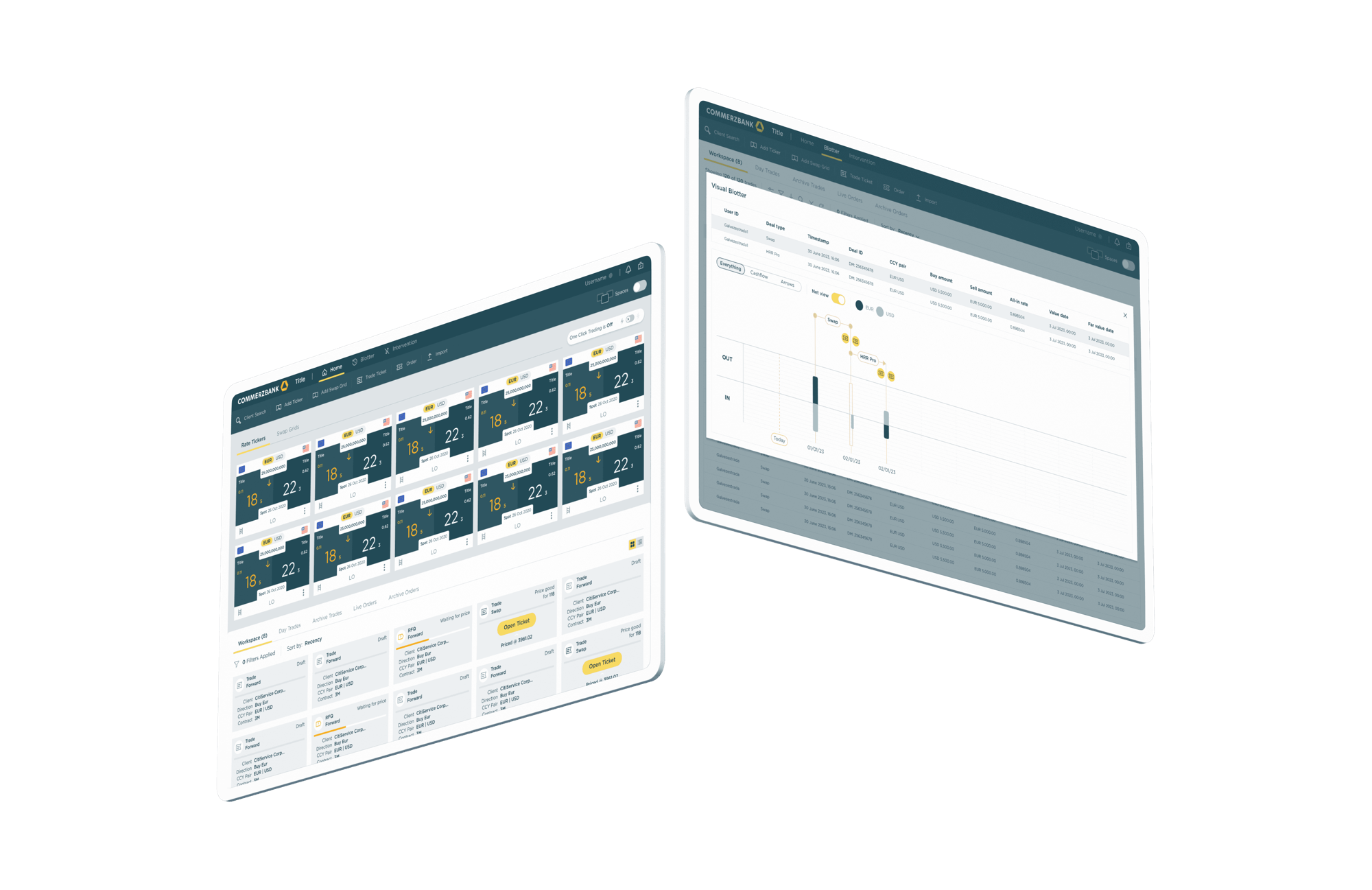 Two web screens shown at an angle, one patterned and one a data view