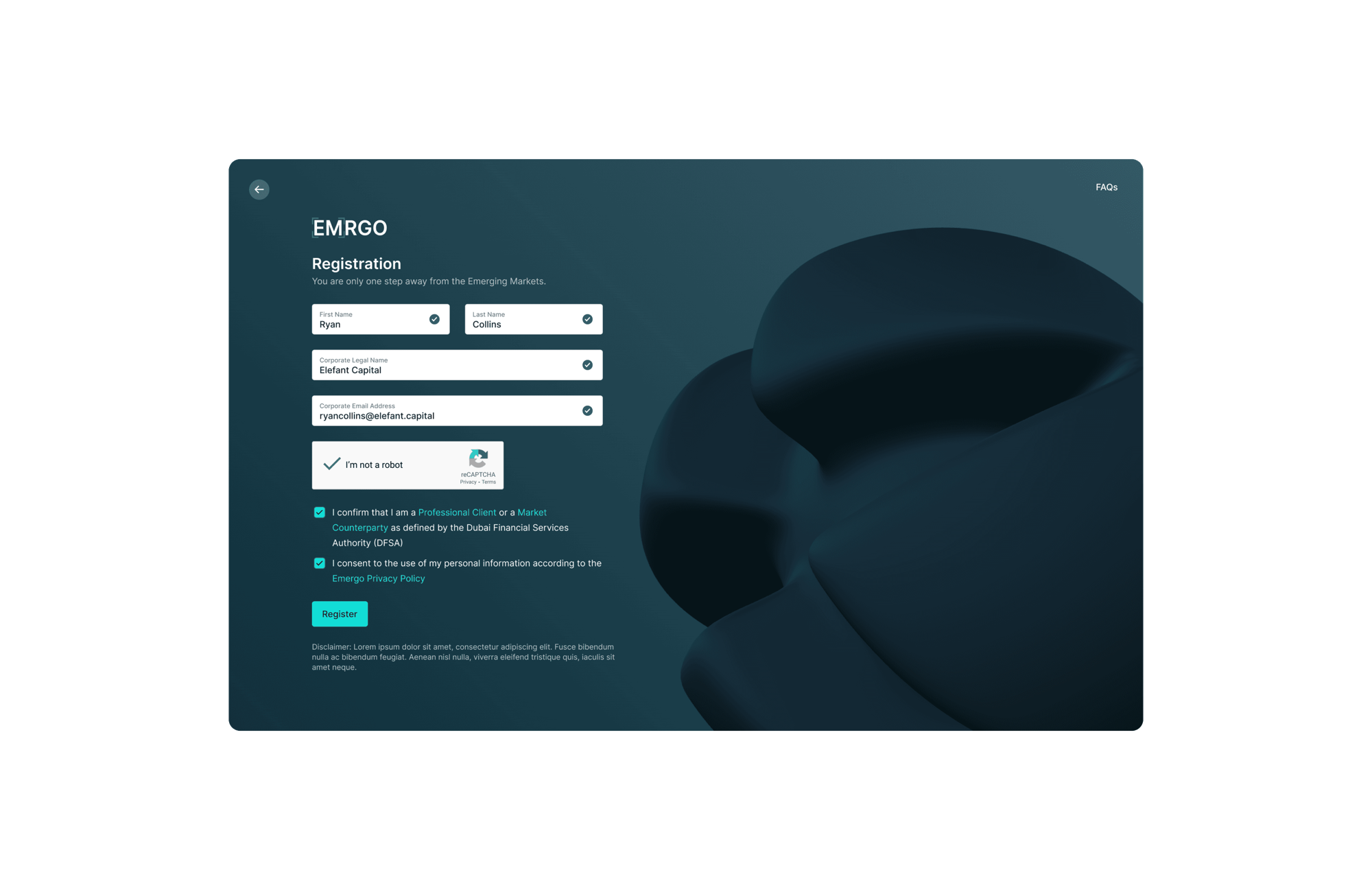 A dark sign-in screen with a form panel and an abstract rendered shape