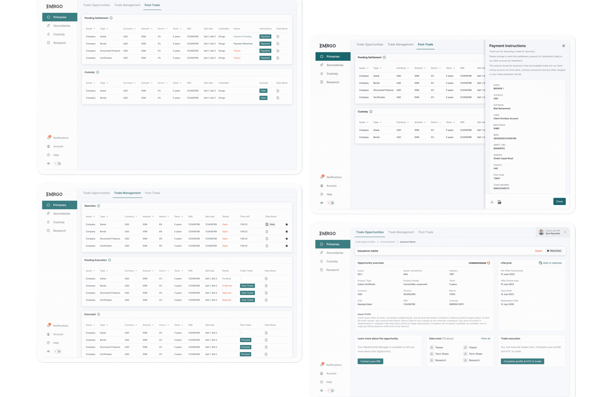A set of web table screens tiled together, showing the range of data views in one system